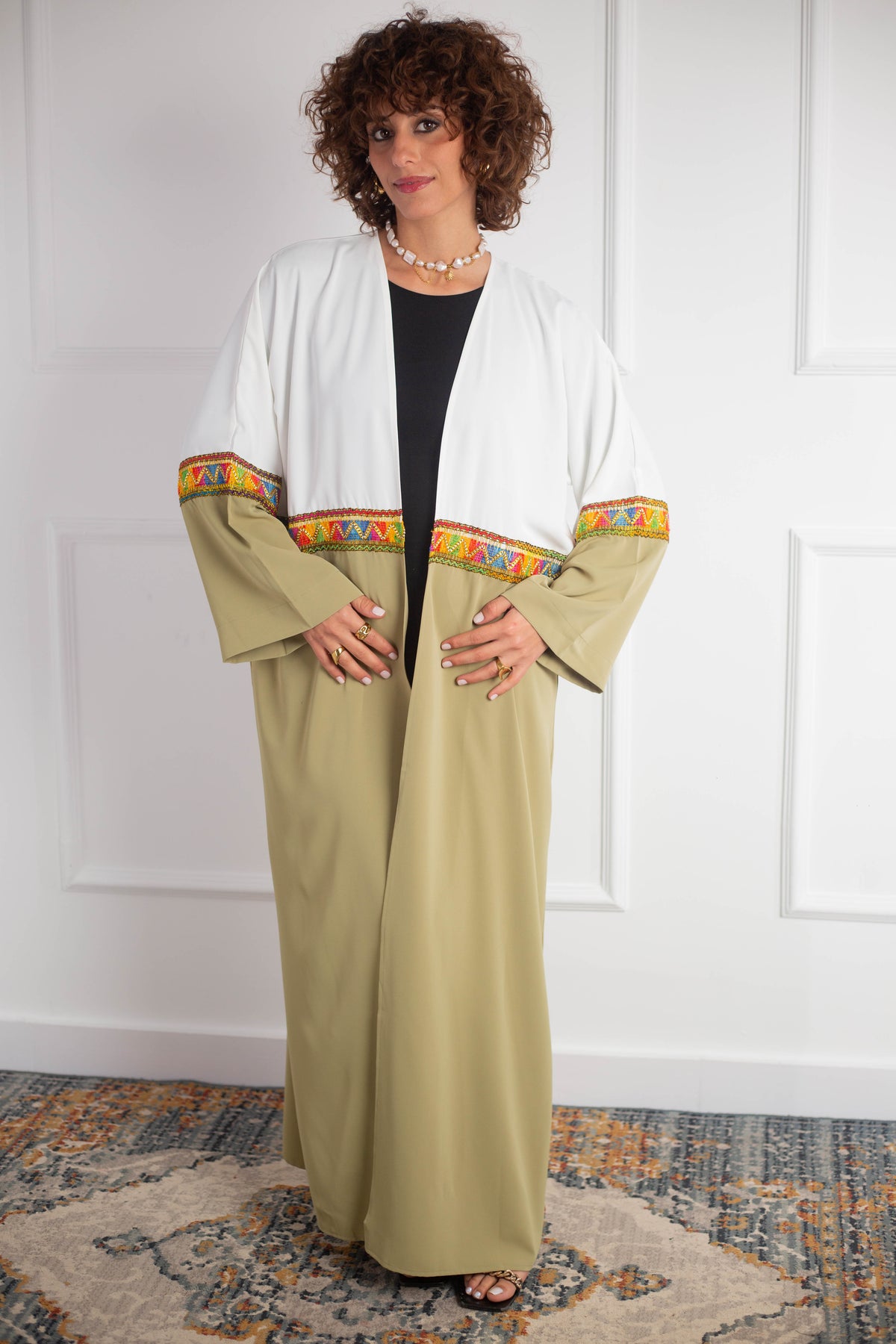 Farha Kaftan _ Olive & White