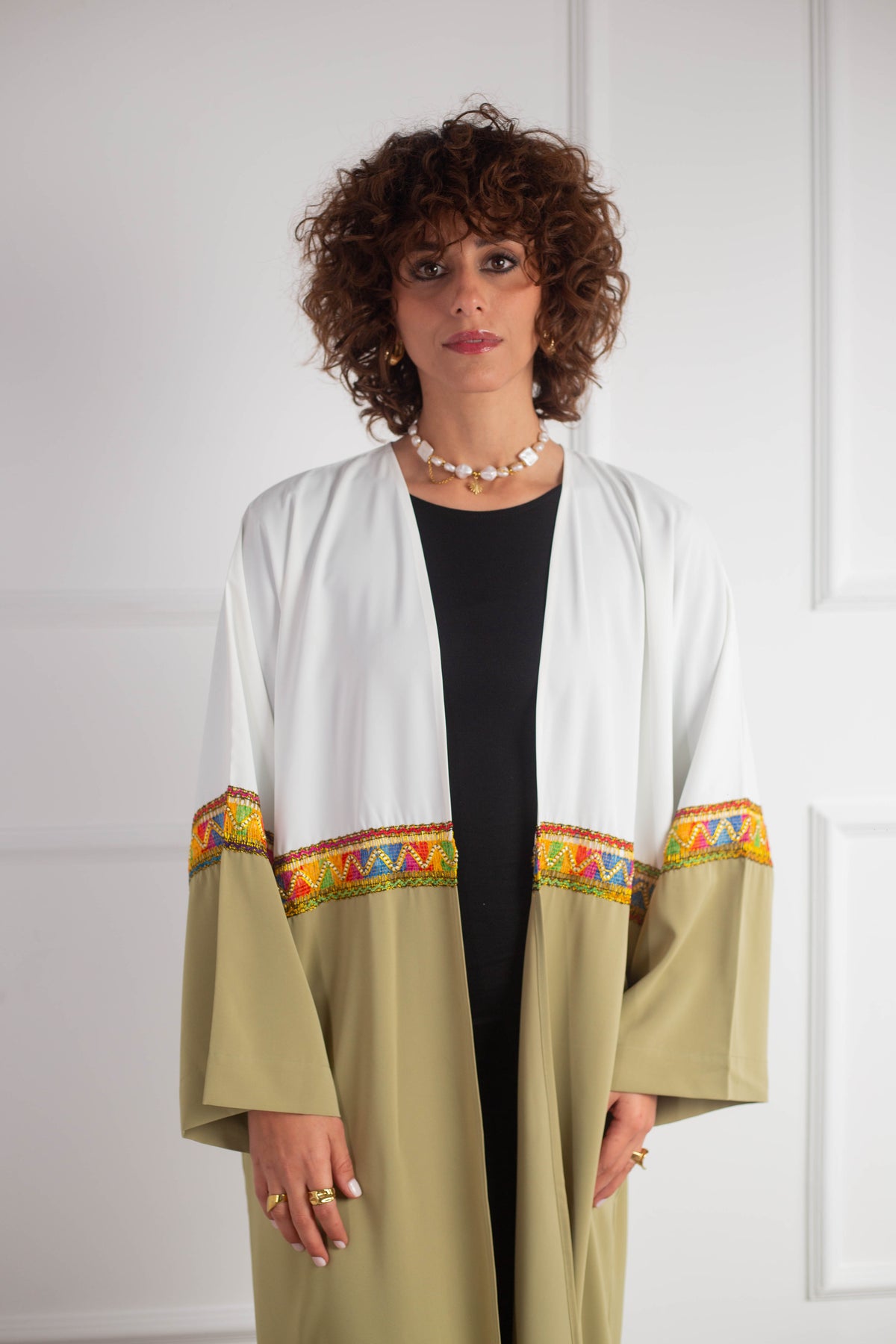 Farha Kaftan _ Olive & White