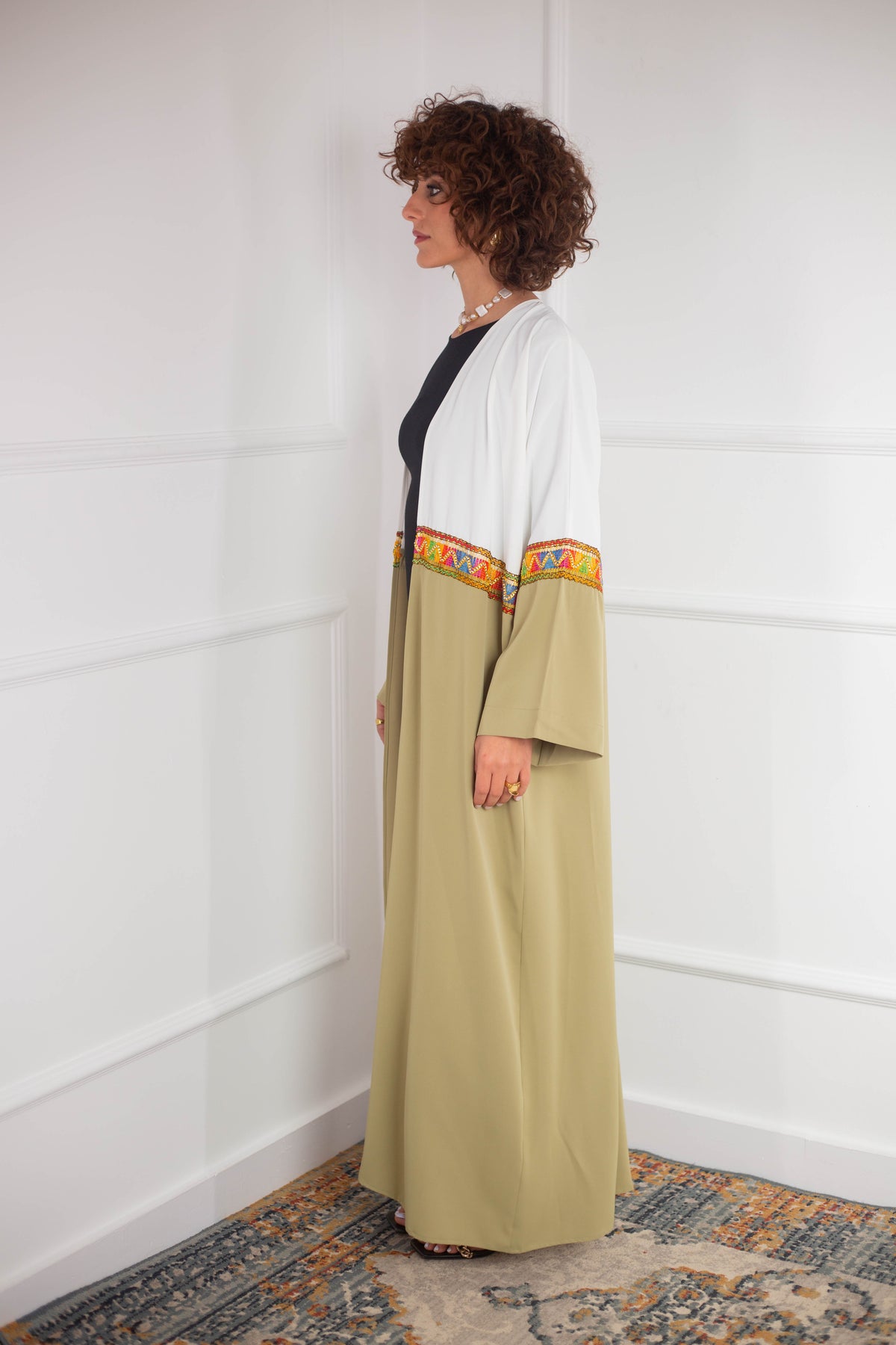Farha Kaftan _ Olive & White