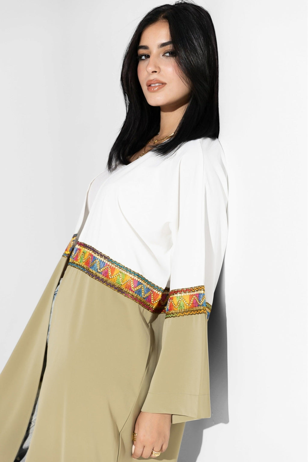 Farha Kaftan _ Olive & White