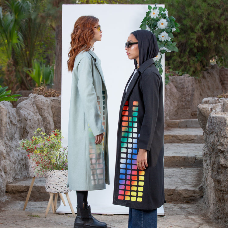 Black long coat with gradient color design – LonganZy Winter Collection 2025.