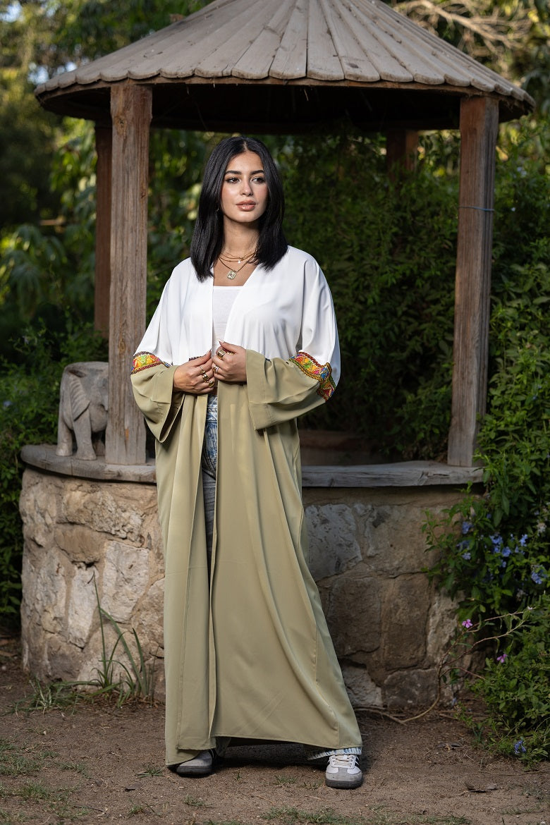 Farha Kaftan _ Olive & White